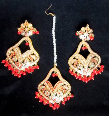 Jadau Maang Tika Earrings Chand Bali Red Orange  Old Plated 3