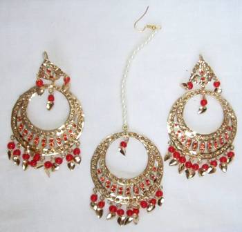 Jadau Maang Tika Earrings Chand Bali Red Orange  Old Plated 1