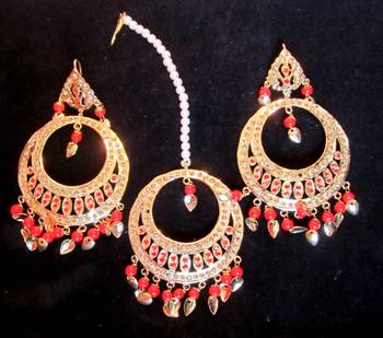 Jadau Maang Tika Earrings Chand Bali Red Orange  Old Plated 2