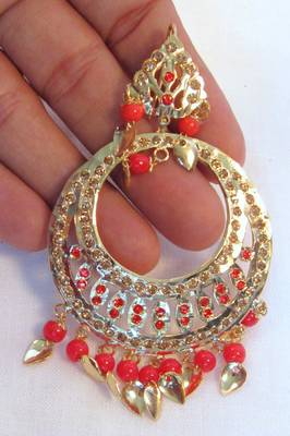 Jadau Maang Tika Earrings Chand Bali Red Orange  Old Plated 3