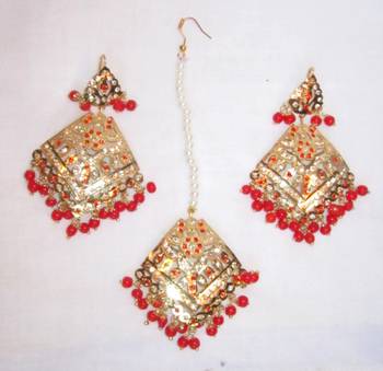 Jadau Maang Tika Earrings Chand Bali Red Orange  Old Plated 1