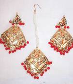 Jadau Maang Tika Earrings Chand Bali Red Orange  Old Plated