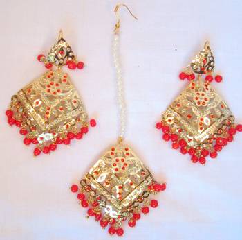 Jadau Maang Tika Earrings Chand Bali Red Orange  Old Plated 2