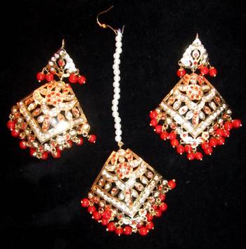 Jadau Maang Tika Earrings Chand Bali Red Orange  Old Plated 3