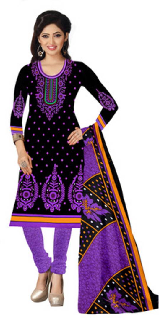 Black and purple printed crepe unstitched salwar with dupatta