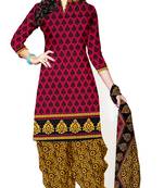 Dark pink and yellow printed crepe unstitched salwar with dupatta