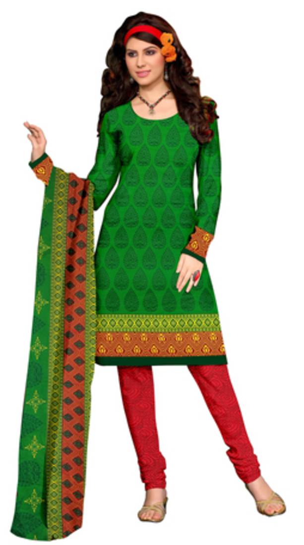 Green printed crepe unstitched salwar with dupatta