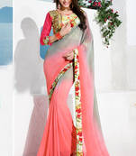 Pink and Grey printed georgette saree with blouse