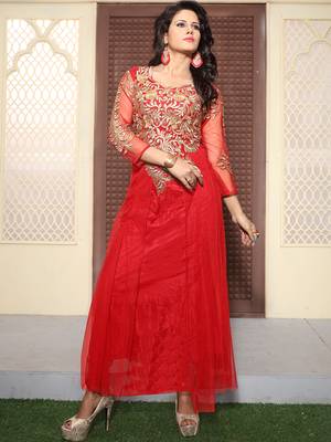 Red Net Embroidered Unstitched Party Wear Gown 1