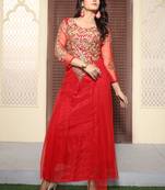 Red Net Embroidered Unstitched Party Wear Gown
