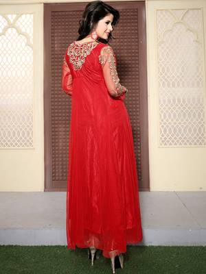 Red Net Embroidered Unstitched Party Wear Gown 3