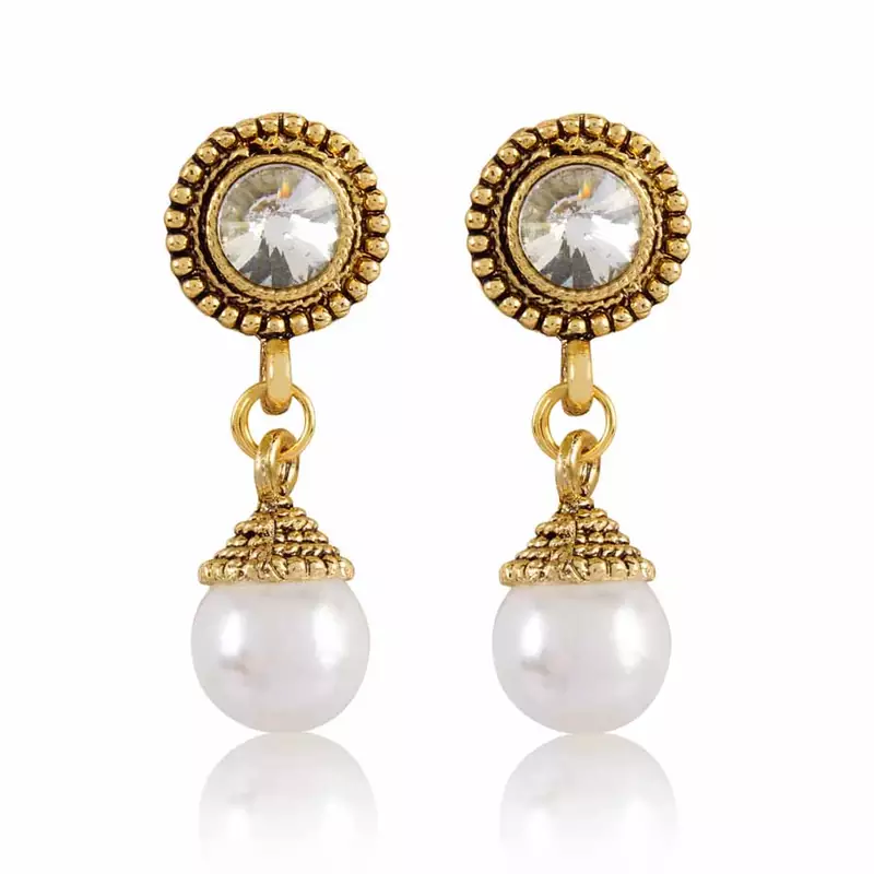 White Stone Gold Finishing Round Shape Design Earrings