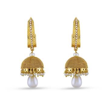 Gold Finishing Designer Jhumki Earrings With White Stone For Party Wear 1