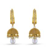 Gold Finishing Designer Jhumki Earrings With White Stone For Party Wear