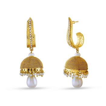 Gold Finishing Designer Jhumki Earrings With White Stone For Party Wear 2