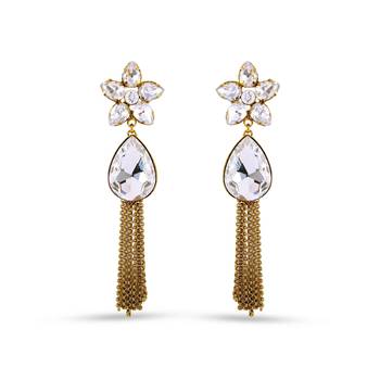 Gold Finishing Floral White Kundan Work Long Dangle Earrings 1