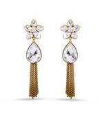 Gold Finishing Floral White Kundan Work Long Dangle Earrings