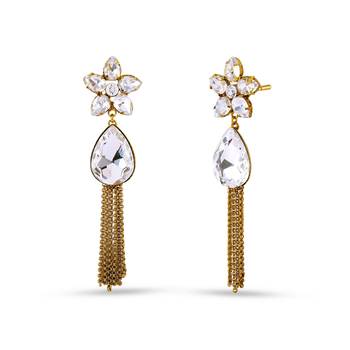 Gold Finishing Floral White Kundan Work Long Dangle Earrings 2