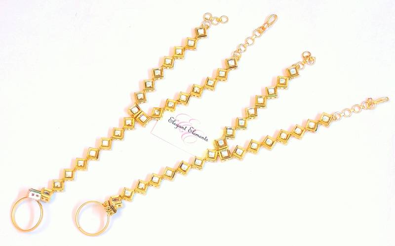 Kundan bridal gold plated haath panja phool slave bracelet with ring