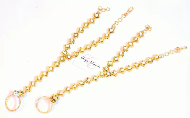 Kundan bridal gold plated haath panja phool slave bracelet with ring