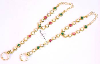 Kundan bridal gold plated haath panja phool slave bracelet with ring 1