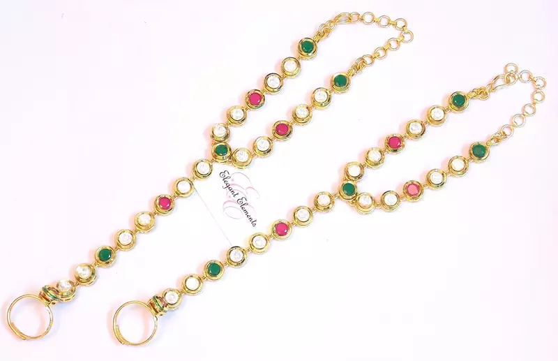 Kundan bridal gold plated haath panja phool slave bracelet with ring