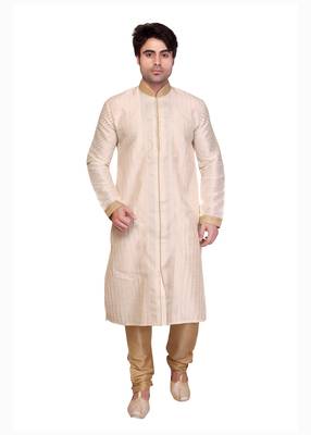 White Polysilk Bronze Poly Silk Resham Kurta Pyjama 1