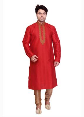 Red Polysilk Bronze Poly Silk Embroidered Kurta Pyjama 1