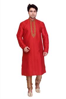 Red Polysilk Bronze Poly Silk Embroidered Kurta Pyjama
