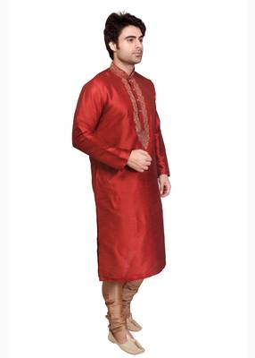 Red Polysilk Bronze Poly Silk Embroidered Kurta Pyjama 1