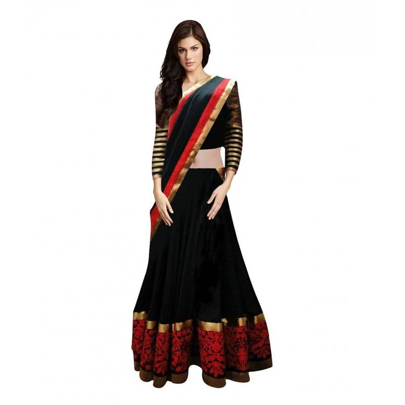 Black and red georgette embroidered unstitched lehenga-choli