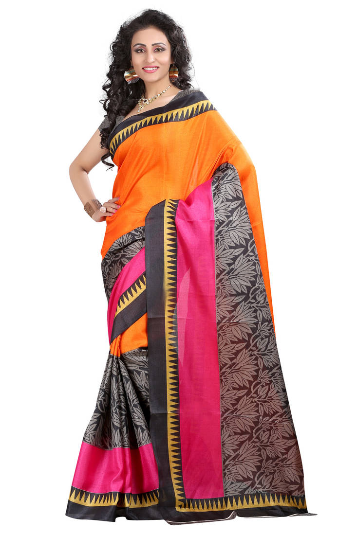 Mustard Ethnic Foil Print Bhagalpuri Silk Saree With Brocade Blouse main image 0