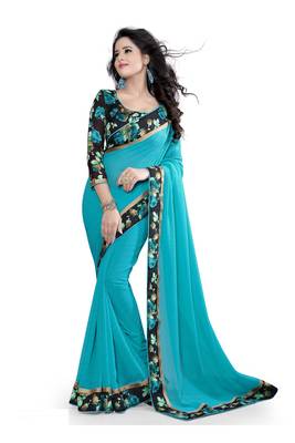 Blue Plain Pure Georgette Saree With Blouse 1