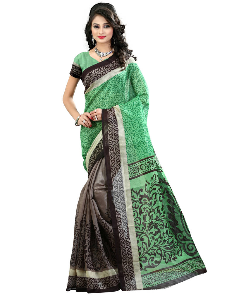 green printed chapa silk saree with blouse