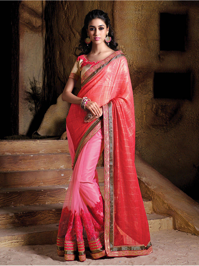 pink embroidered chiffon saree with blouse