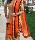Gold Color embroidered silk semistitched Patiala Dress Material