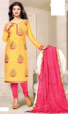 Yellow Embroidered Chanderi Silk Unstitched Salwar With Dupatta 1