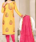 Yellow Embroidered Chanderi Silk Unstitched Salwar With Dupatta