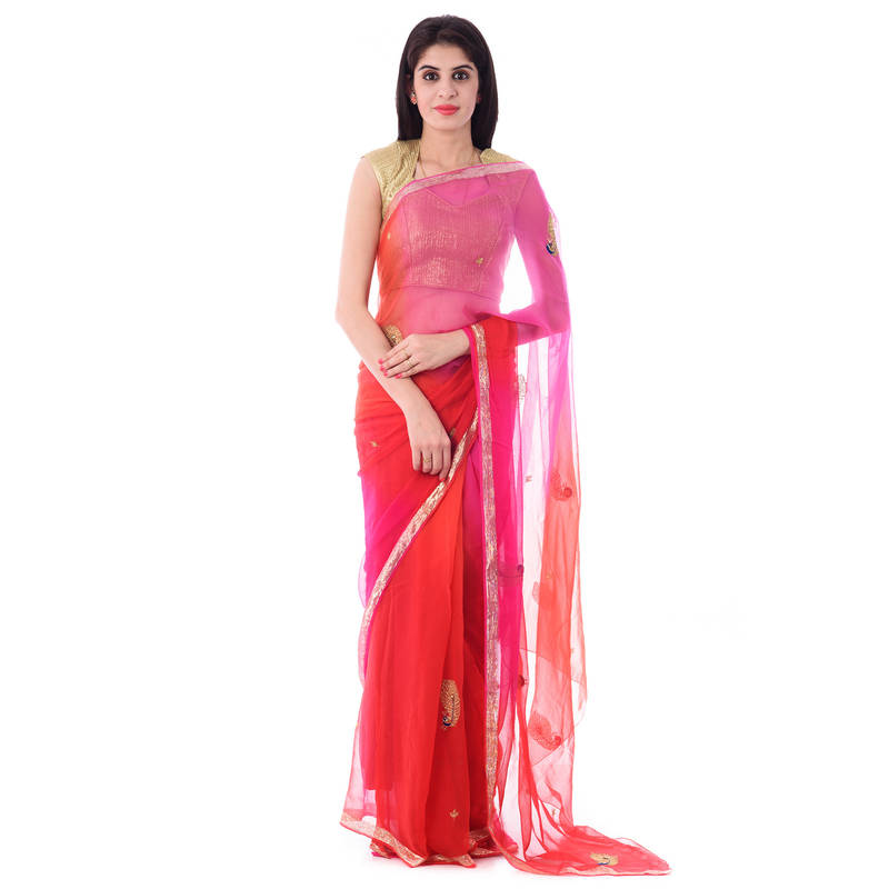 Red/Pink Shaded Zari Saree with Intricate Aari and Tari Work Peacock Motif and Blouse Piece