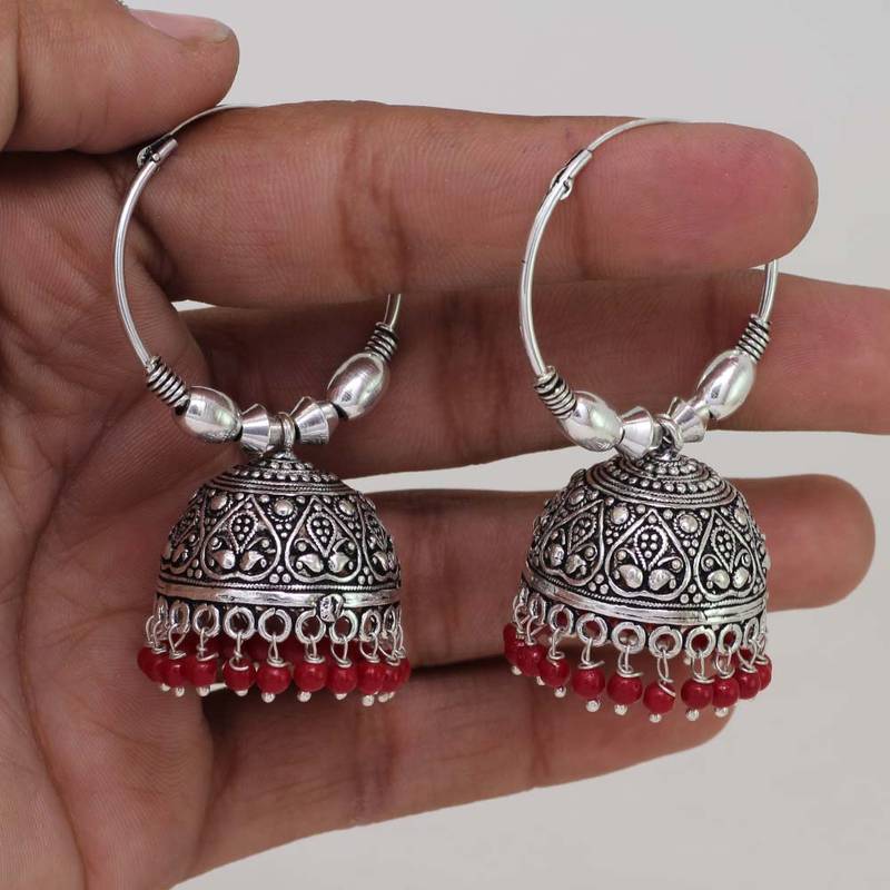 Rajasthani Black Metal Oxdised Red Colour Beads Fashion Jhumka Style Earring Jewellery