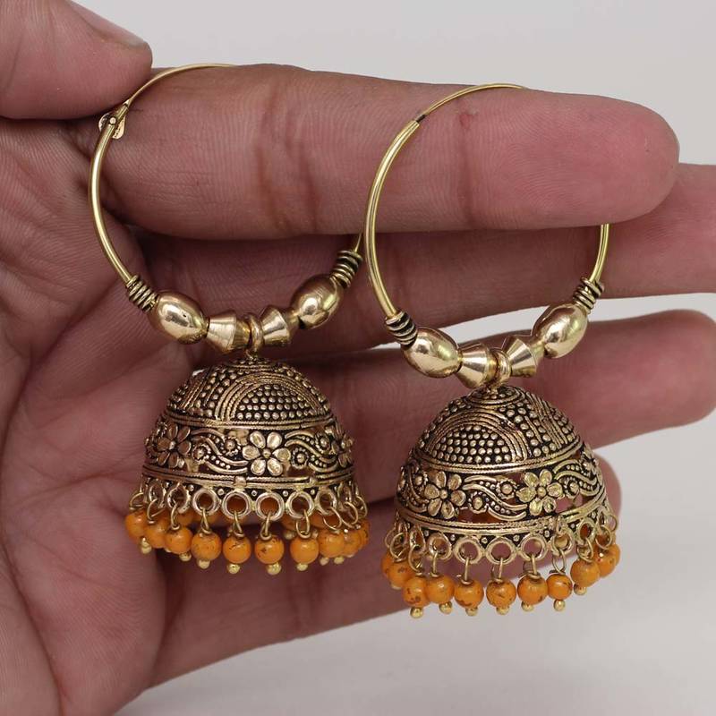 Rajasthani Gold Plated Gold Colour Beads Fashion Jhumka Style Earring Jewellery