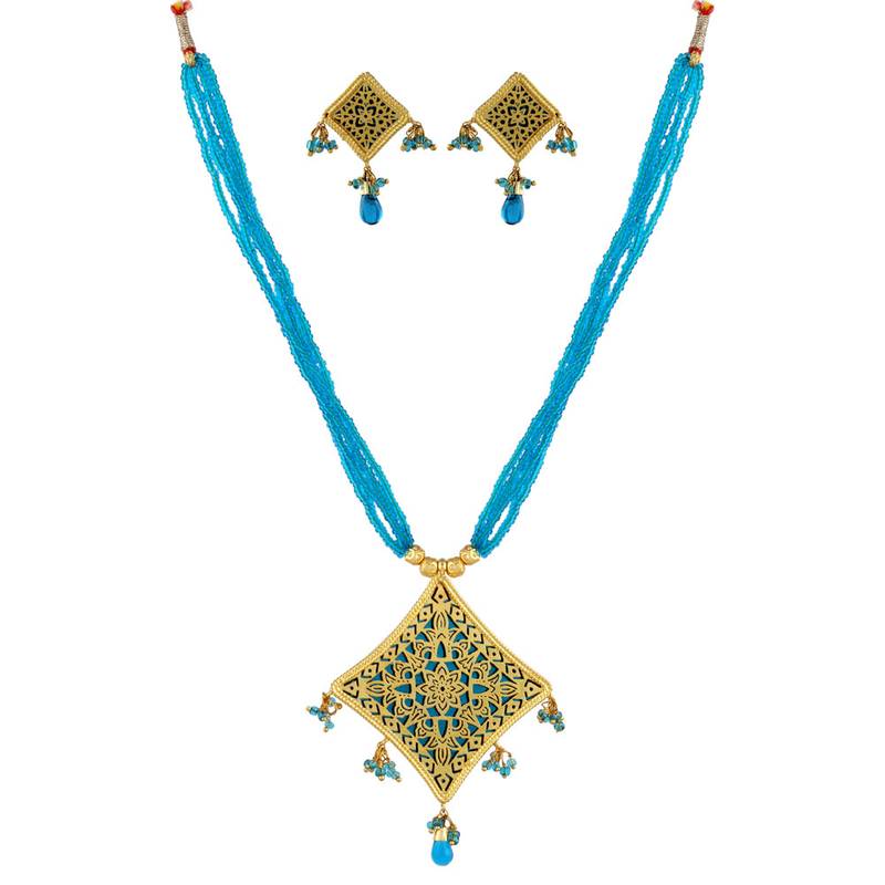 Rajasthani Firozi Thewa Pendant Set - Vatika Jewellers - 978244