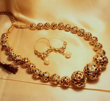 Gold Plated Multicolor Jaipuri Beads Mala With Kundan Bali 1