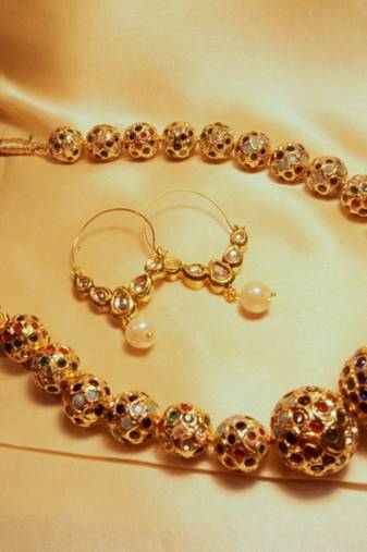 Gold Plated Multicolor Jaipuri Beads Mala With Kundan Bali