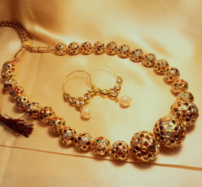 Gold Plated Multicolor Jaipuri Beads Mala With Kundan Bali