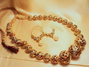 Gold Plated Multicolor Jaipuri Beads Mala With Kundan Bali 2