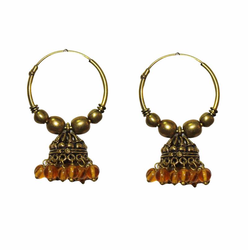 Golden Jhumka Hoop Earrings with brown Beads
