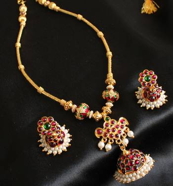 Stunning Unique Temple Jewel Jhumkka Pendant Temple Necklace Set Dj00313 1