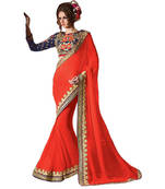 Orange Embroidered Faux Georgette Saree With Blouse