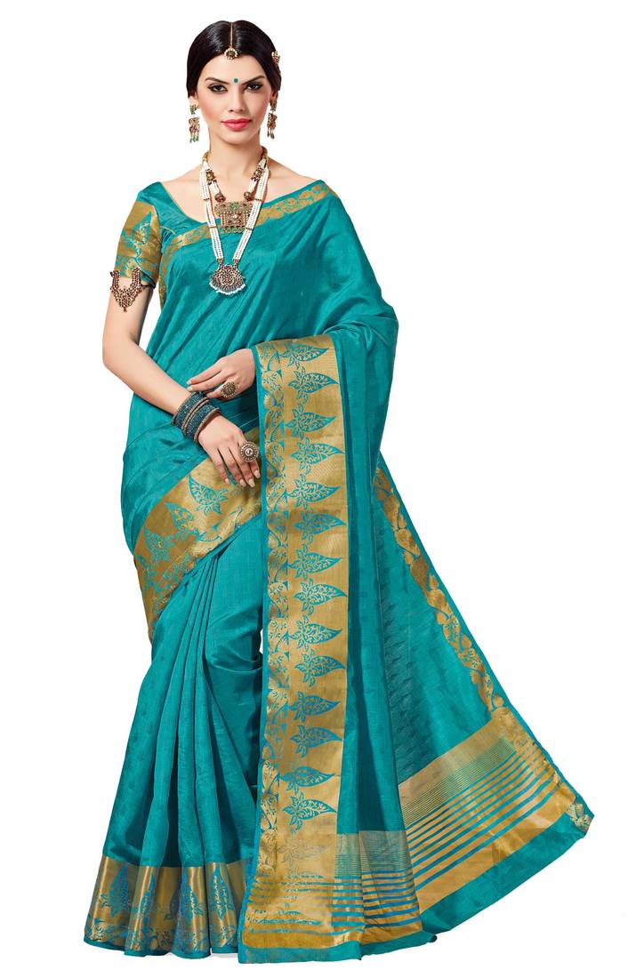 Blue woven banarasi silk saree with blouse